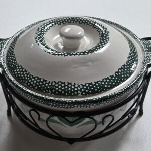 Vintage Green & White Heavy Farmhouse Style Heart Ceramic Casserole w/ Stand